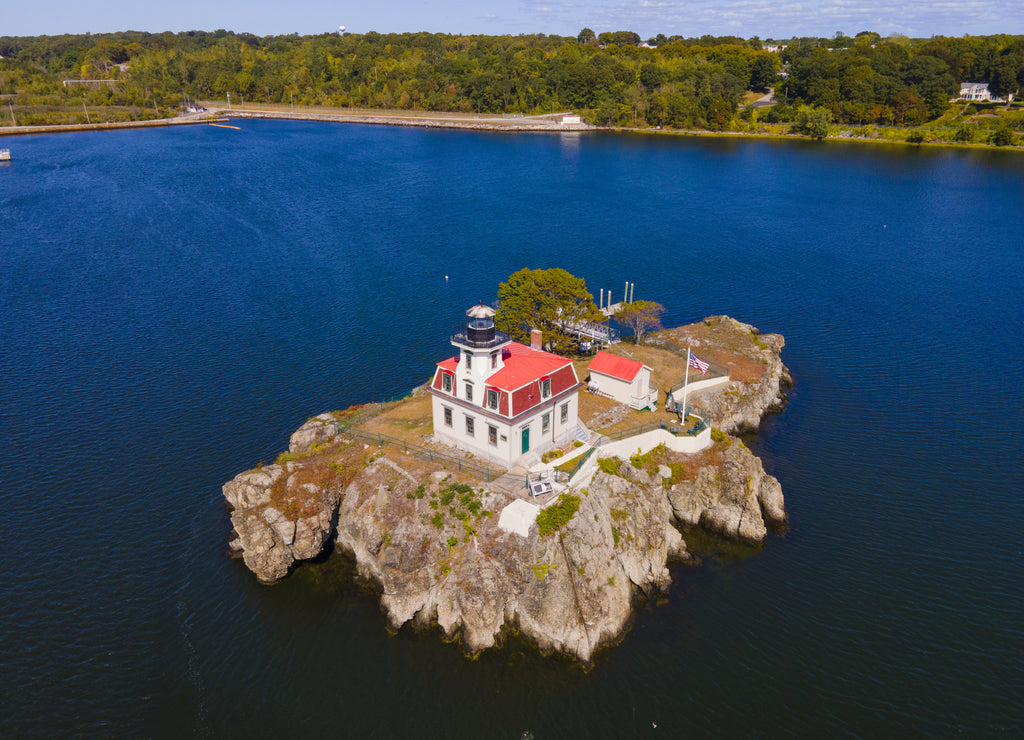 Aerial view of Pomham Rocks Lighthouse on Providence River near Narragansett Bay in East Providence, Rhode Island RI, USA