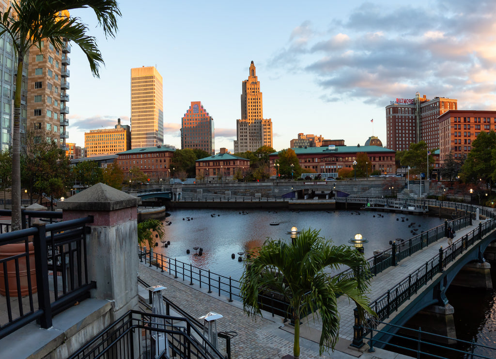 Downtown Providence, Rhode Island, United States: Panoramic view of a modern cityscape during a vibrant sunset