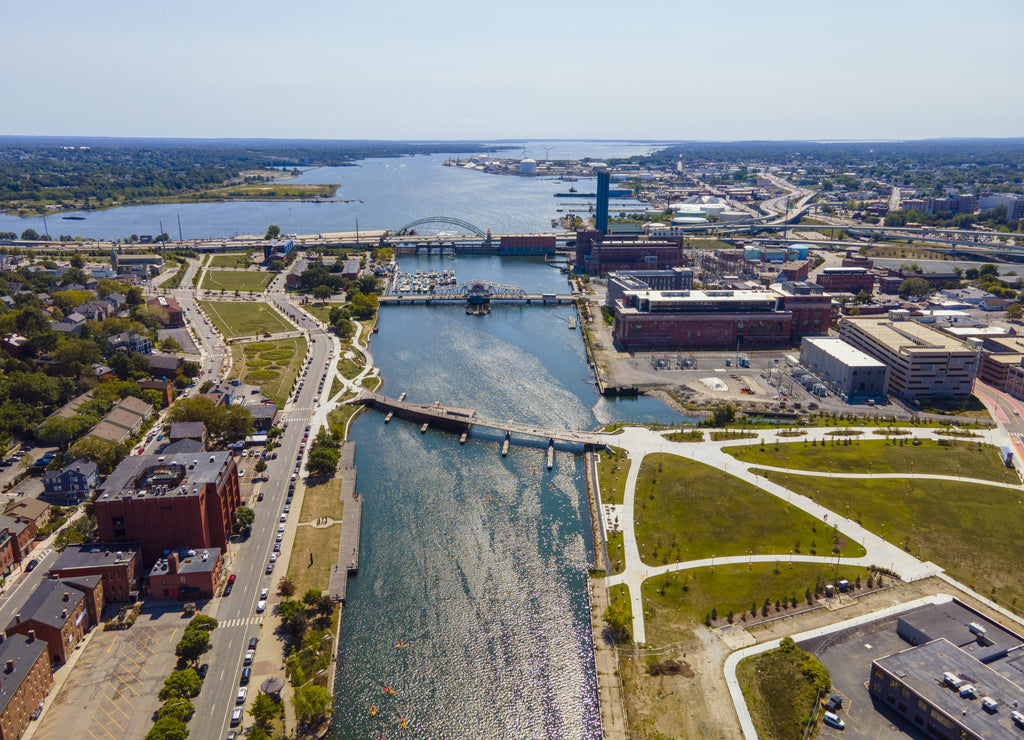 Providence River and Bridge aerial view near river mouth in downtown providence, Rhode Island, USA