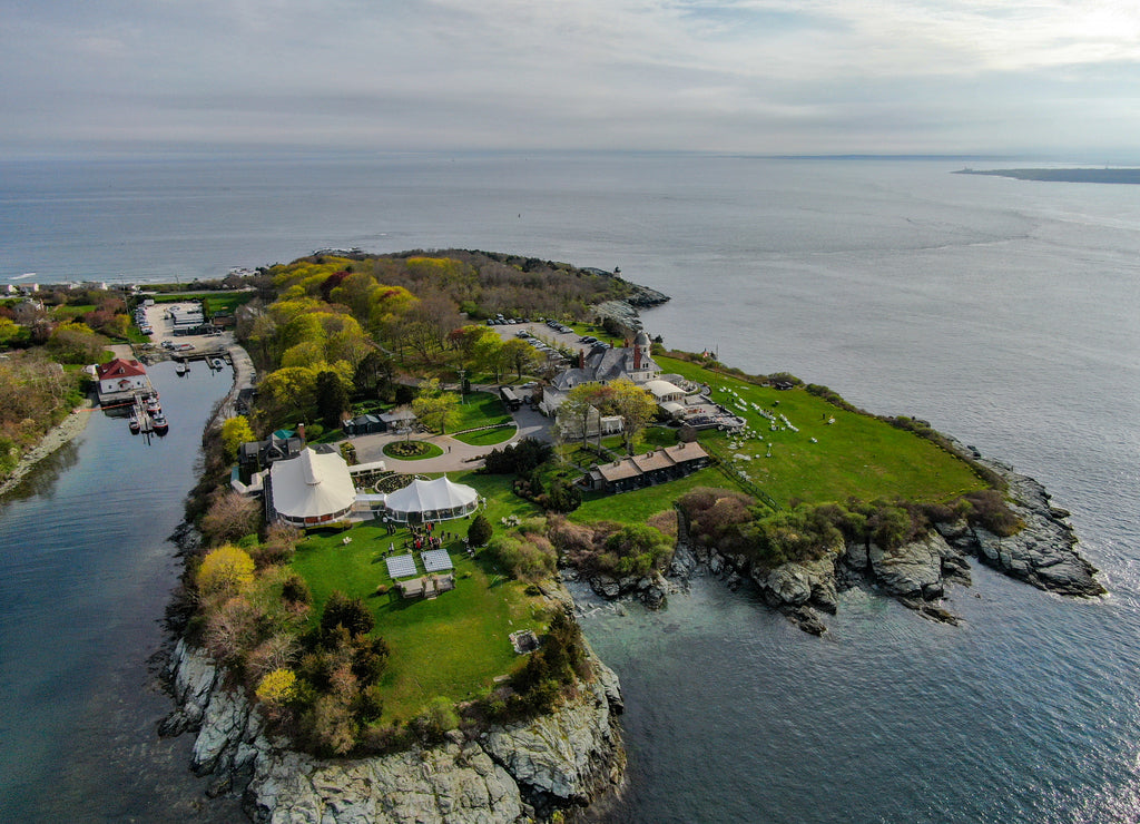 Aerial view of Castle Hill Inn beachfront luxury hotel with ocean, Newport, Rhode Island, USA