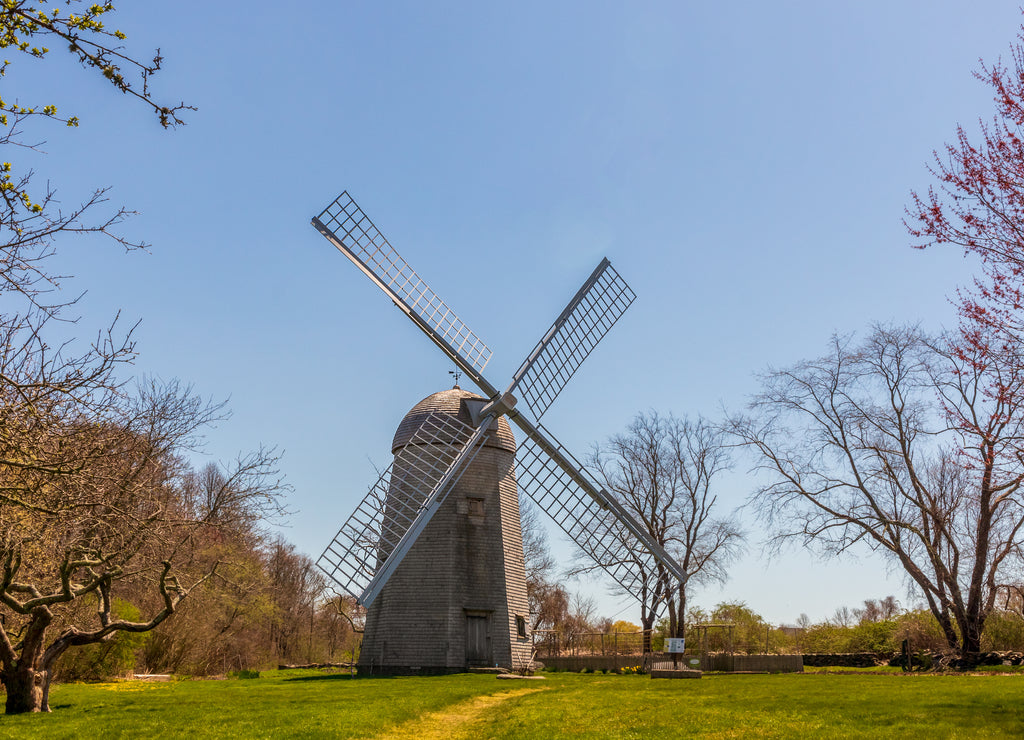 Shingled smock windmill at the Prescott Farm historic site in Middletown, Rhode Island