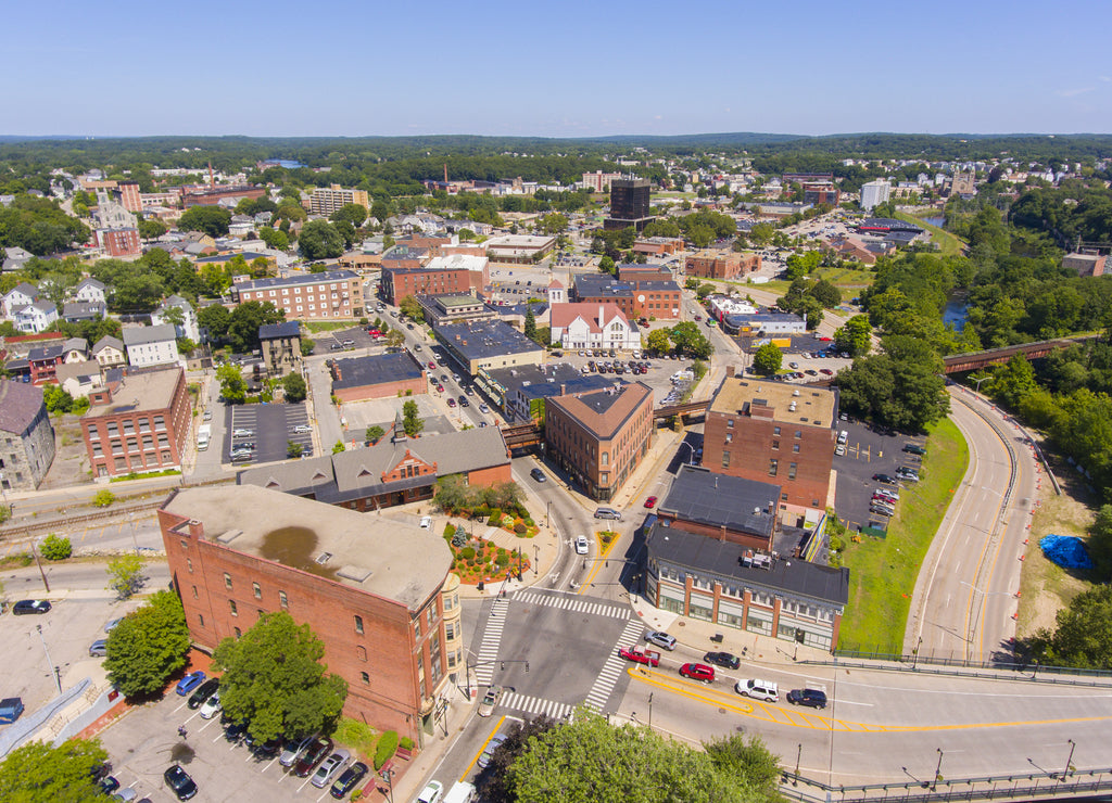 Woonsocket Main Street Historic District aerial view in downtown Woonsocket, Rhode Island, USA