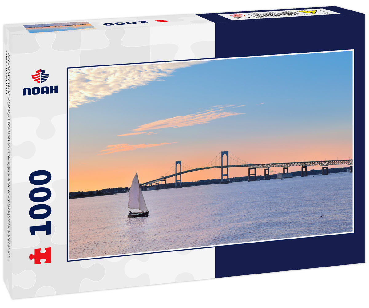 Newport Bridge twilight sunset with sailboats Rhode Island USA a popular New England holiday vacation destination