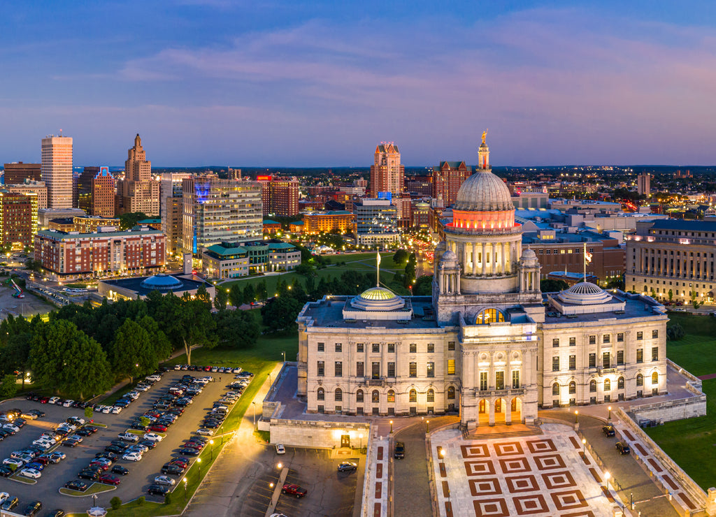 Aerial panorama of Providence skyline and Rhode Island capitol building at dusk. Providence is the capital city of the U.S. state of Rhode Island. Founded in 1636 is one of the oldest cities in USA.