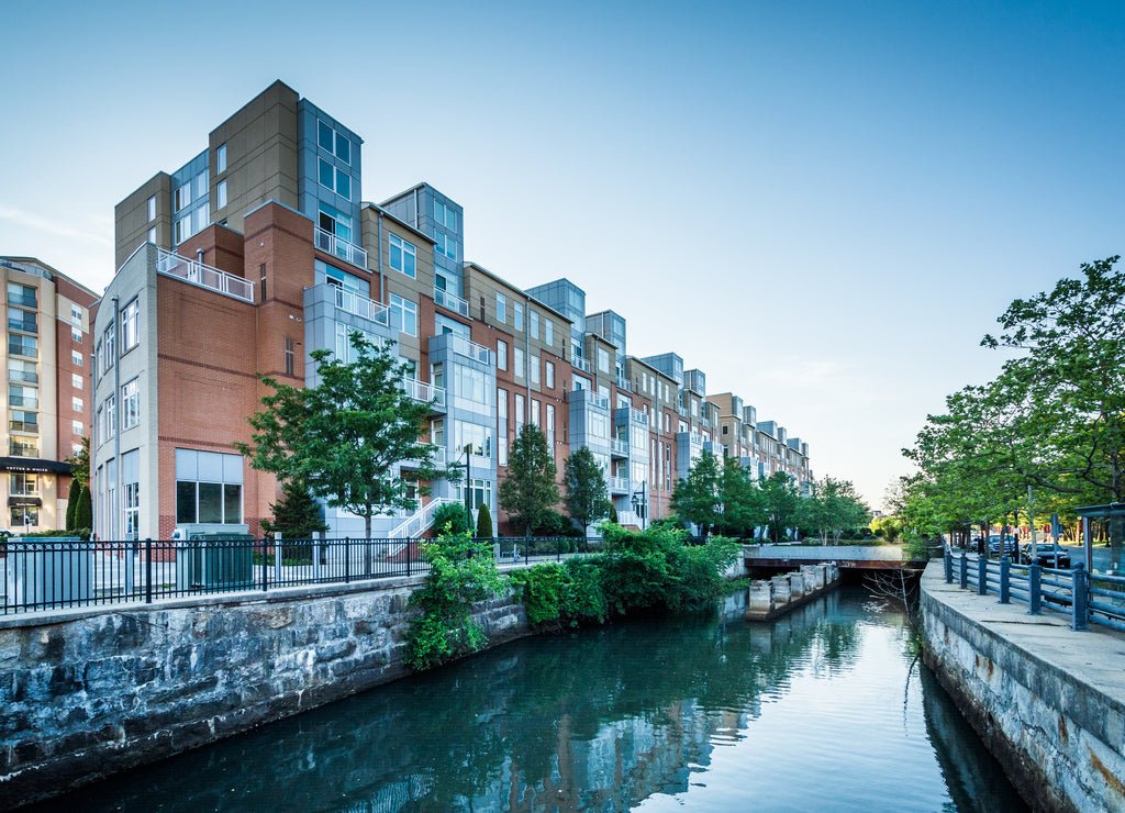 Modern buildings and the Providence River, in downtown Providence, Rhode Island