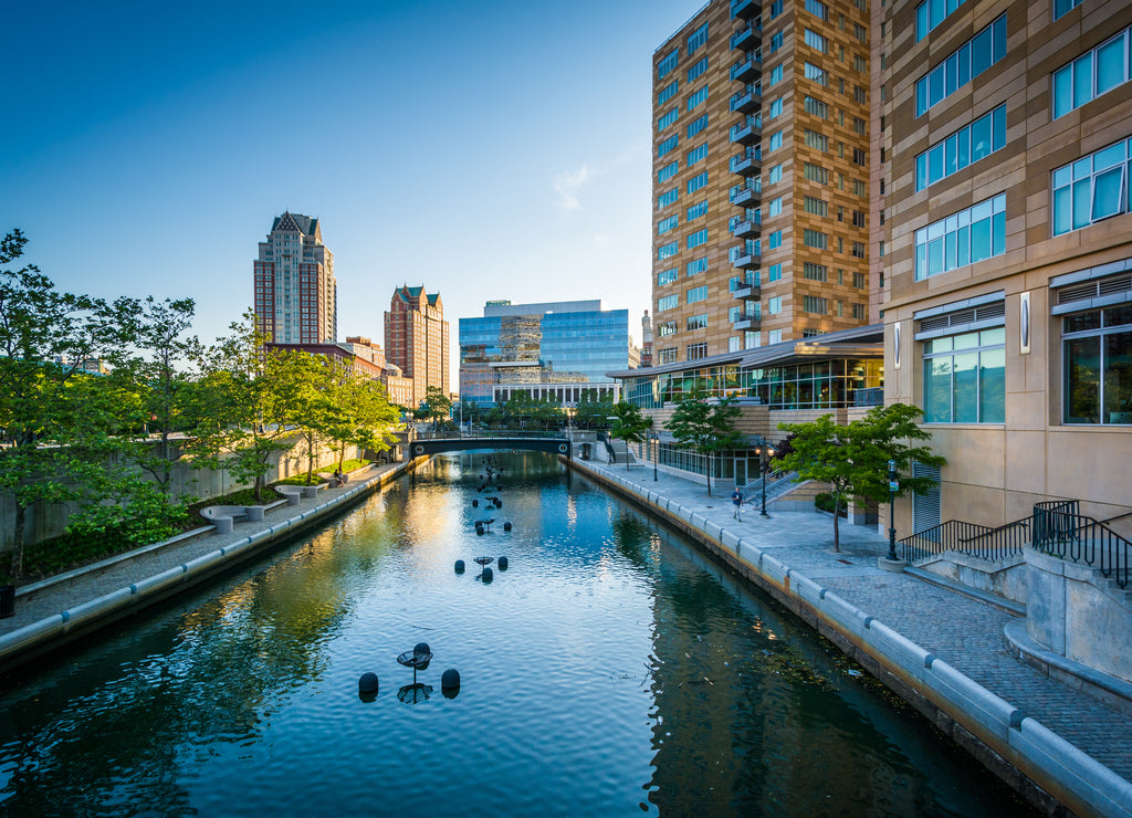 Modern buildings and the Providence River, in downtown Providence, Rhode Island