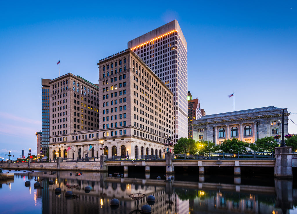 Buildings along the Providence River at twilight, in downtown Providence, Rhode Island