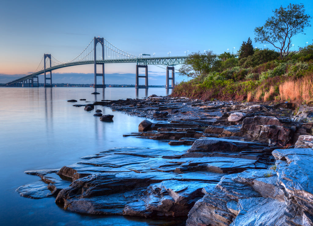 Newport Bridge Sunrise Rocky Seascape Rhode Island