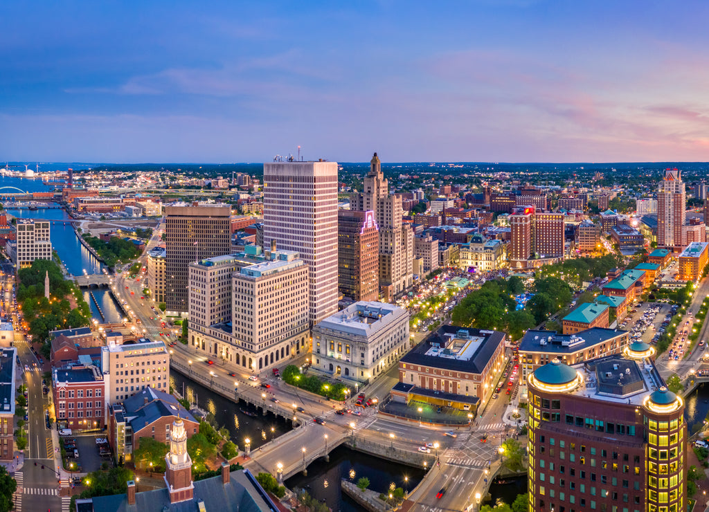 Aerial panorama of Providence skyline at dusk. Providence is the capital city of the U.S. state of Rhode Island. Founded in 1636 is one of the oldest cities in USA