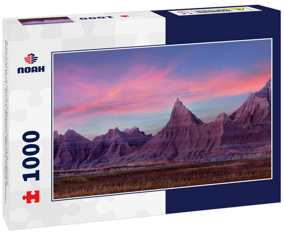 Panorama of Eroded Mountains of Badlands National Park, South Dakota, During a Pink Sunset