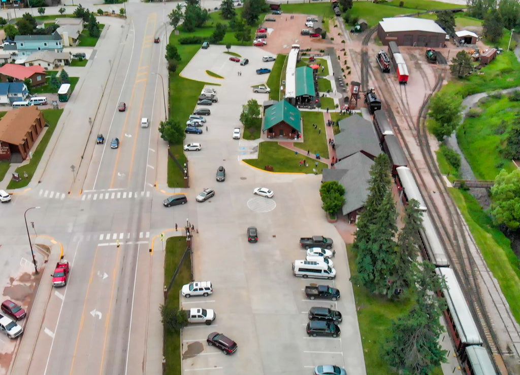 Aerial view of Hill City Train Stations and town, South Dakota