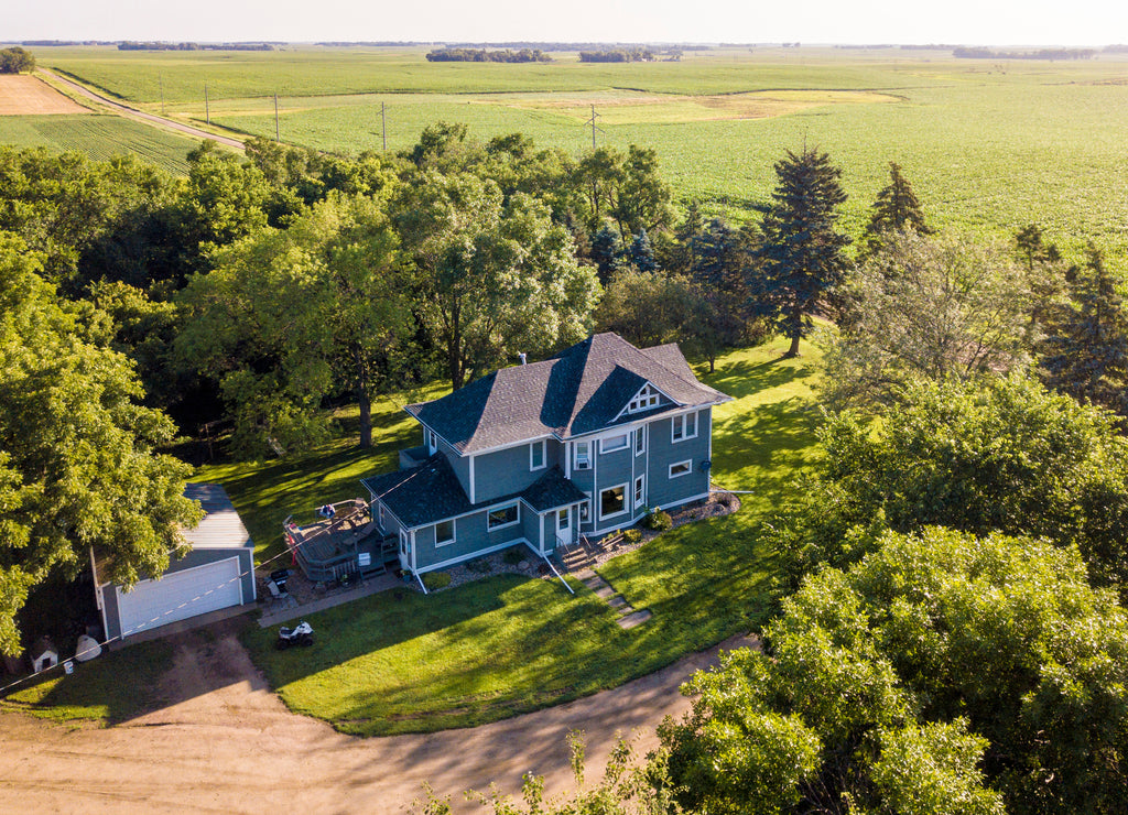 Aerial view of quaint farm house on the plains of South Dakota