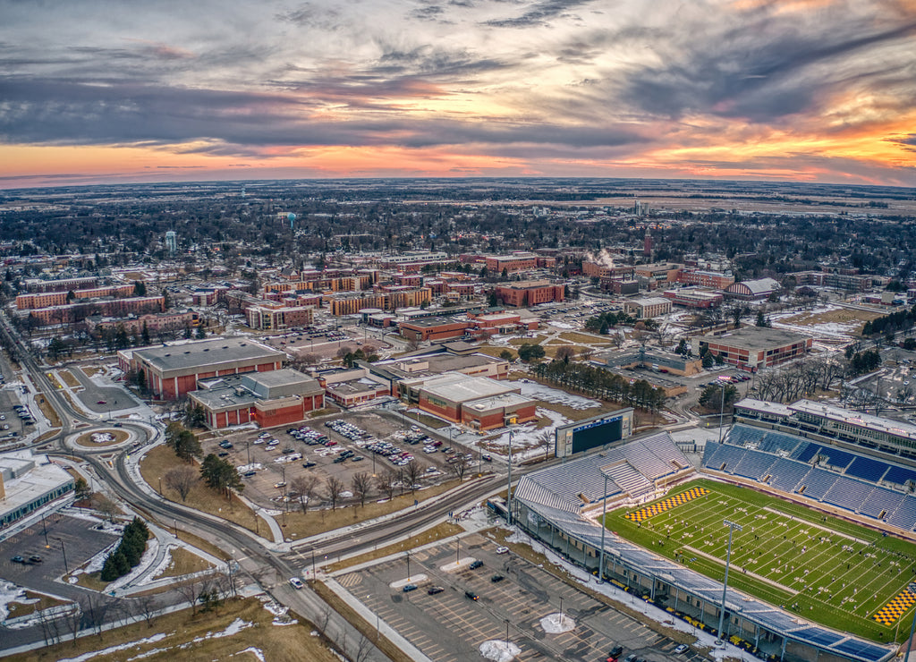 Aerial View of a University at Dusk in Brookings, South Dakota