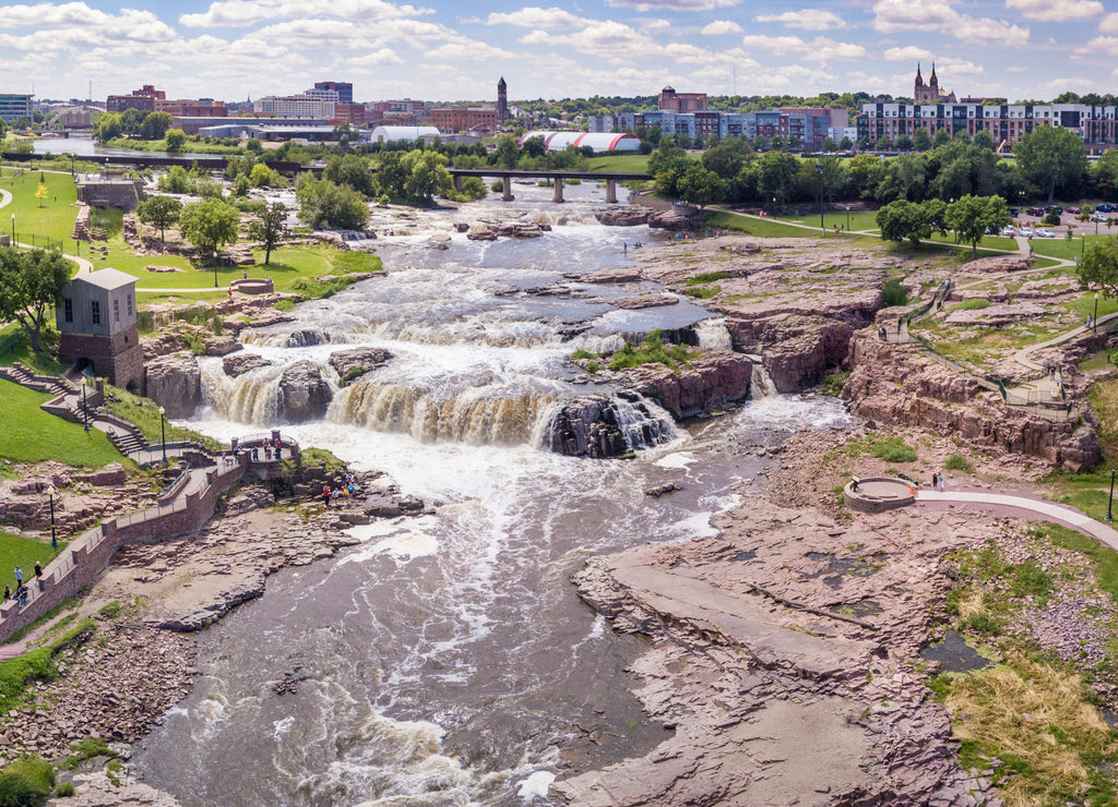 Aerial panorama of the falls in Sioux Falls, South Dakota and Falls Park