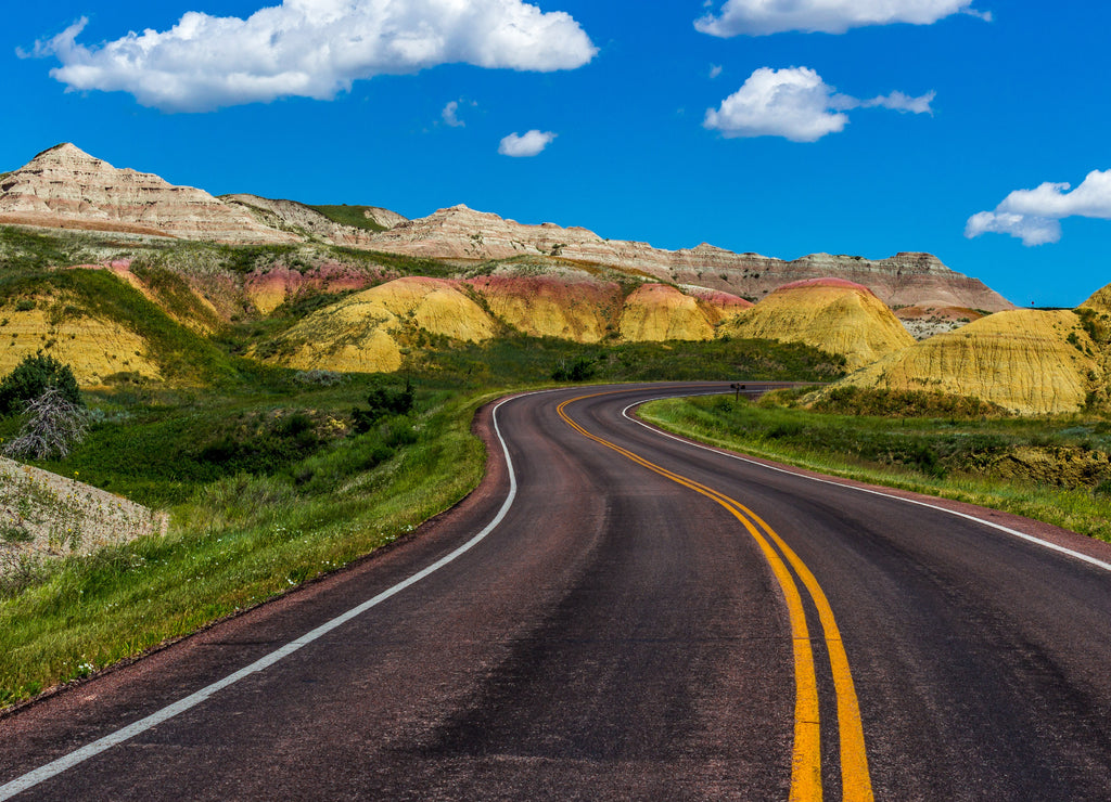 Road through Badlands National Park in South Dakota