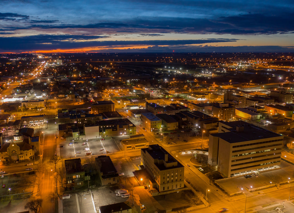 Aerial View of Aberdeen, South Dakota at Dusk