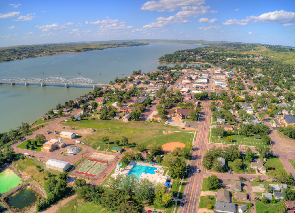 Aerial View of the Town of Chamberlain on the Shore of the Missouri River in South Dakota