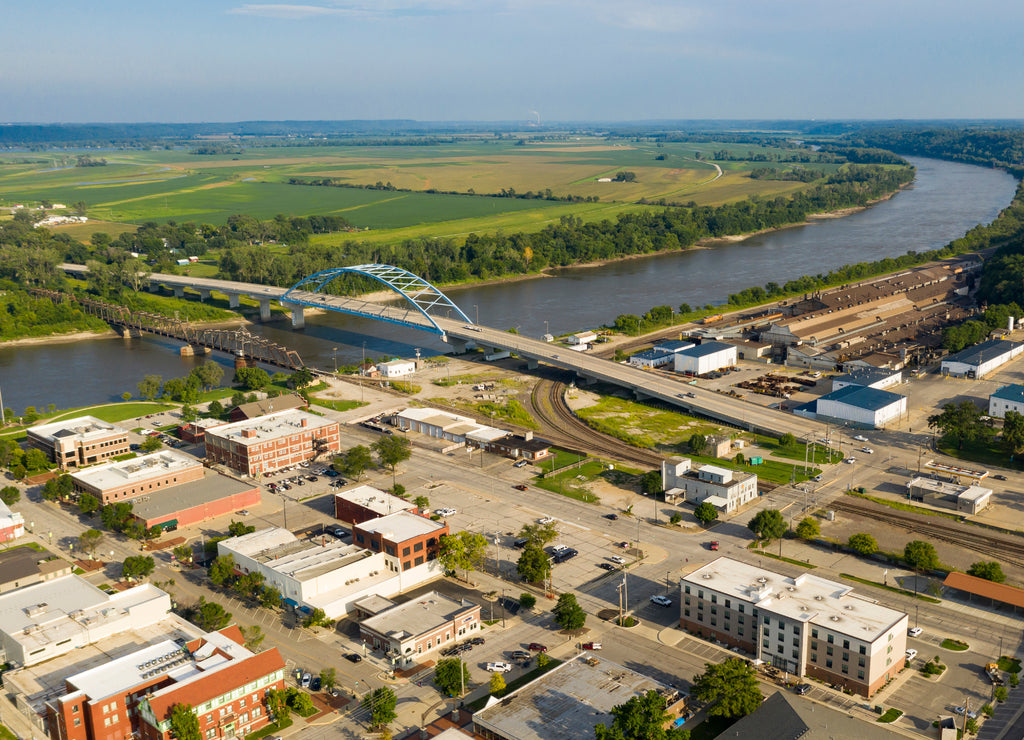 Aerial view looking at Utah Street highway 59 and the Missouri River in Atchison Kansas