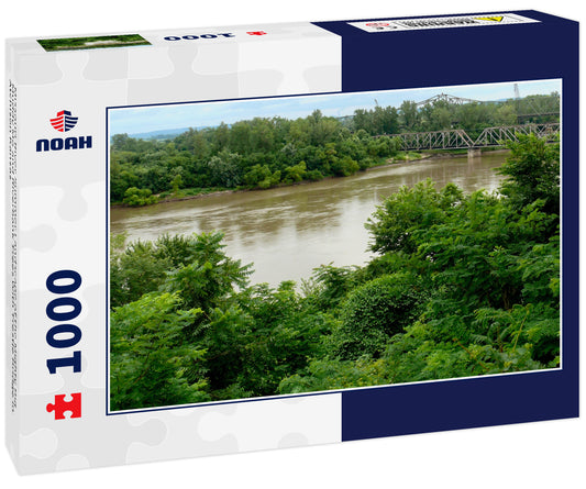 Missouri River Summer Landscape of the Mighty Big Muddy Mo and Riverbank Trees With Trestle Bridge in Atchison Kansas