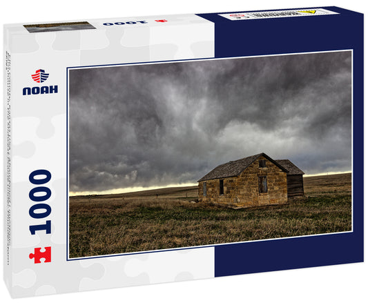 Ellis County, Kansas USA - Abandoned Limestone Farmhouse in the Midwest Prairie under Thunderstorm Skies