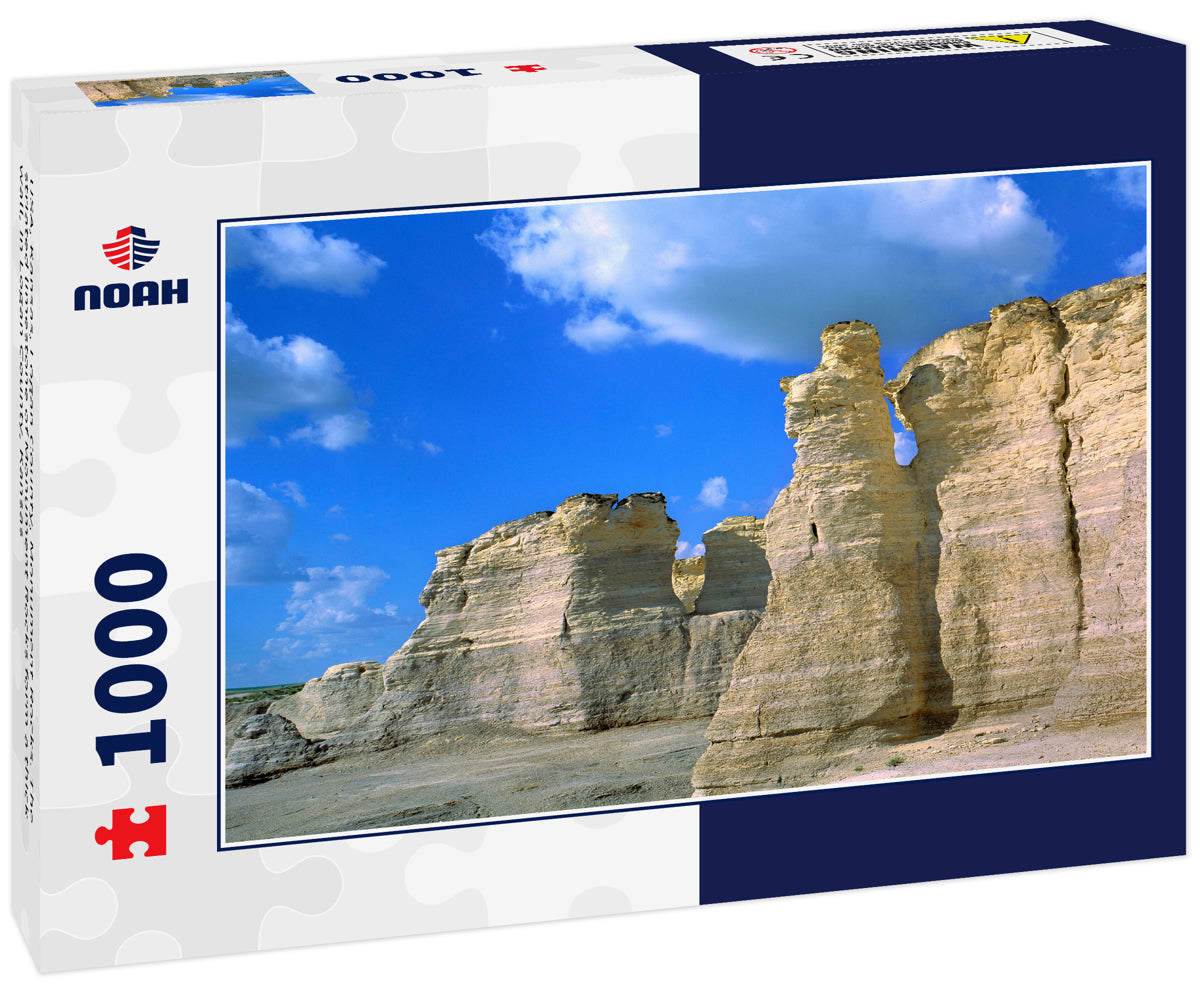 USA, Kansas, Logan County, Monument Rocks. The striated limestone of Monument Rocks form a thick wall, in Logan County, Kansas