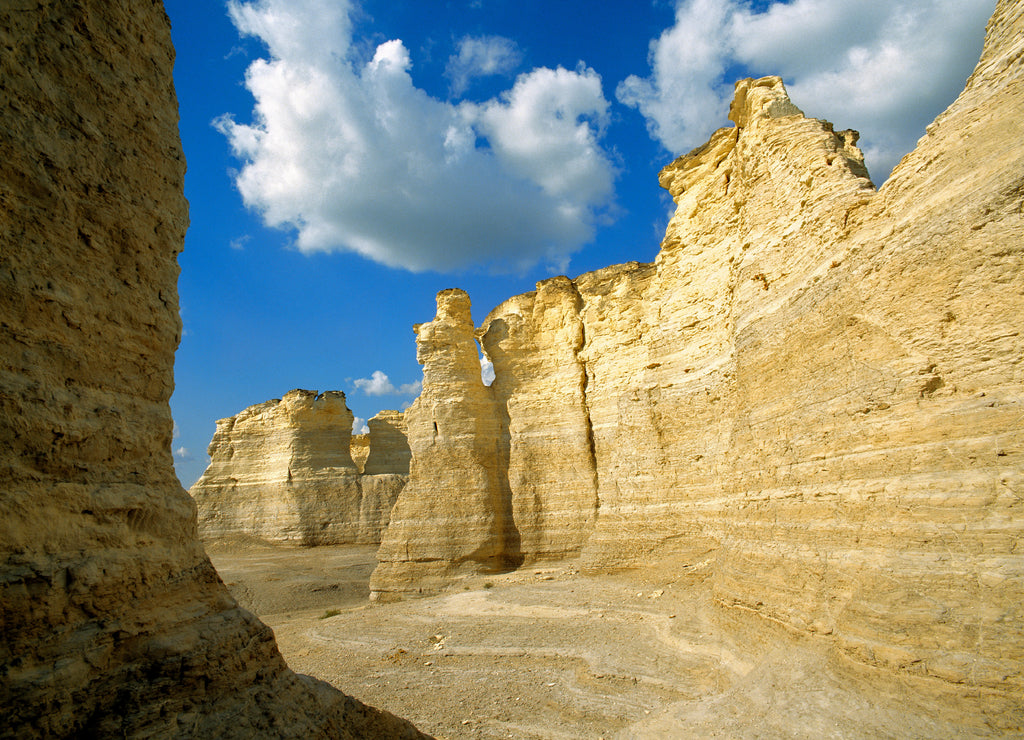 USA, Kansas, Logan County, Monument Rocks. Monument Rocks form a steep wall in Logan County, Kansas