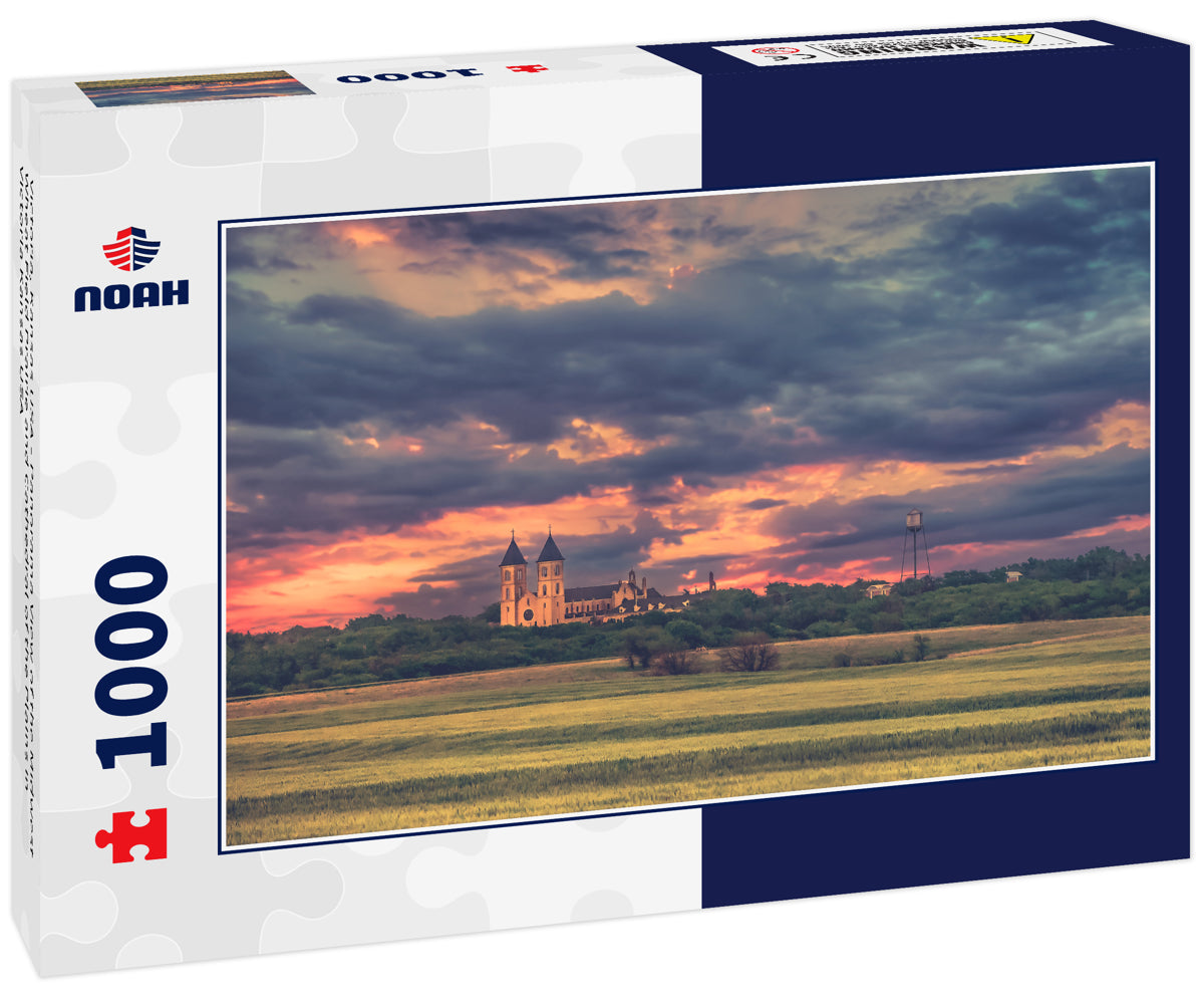 Victoria, Kansas USA - Panorama View of the Midwest Wheat Field Prairie and Cathedral of the Plains in Victoria Kansas USA