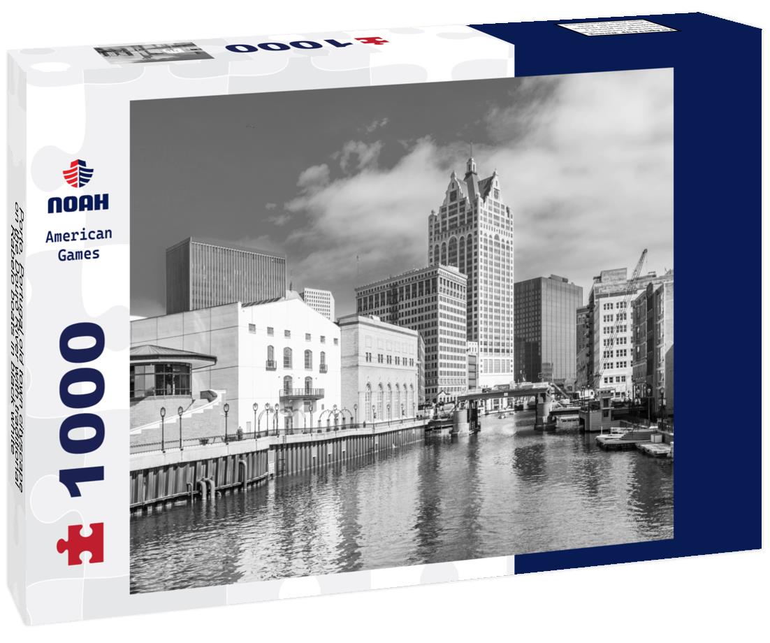 Noah Jigsaw Puzzle Porto, Portugal old town cityscape on the Douro River with traditional Rabelo boats in black white 1000 pieces