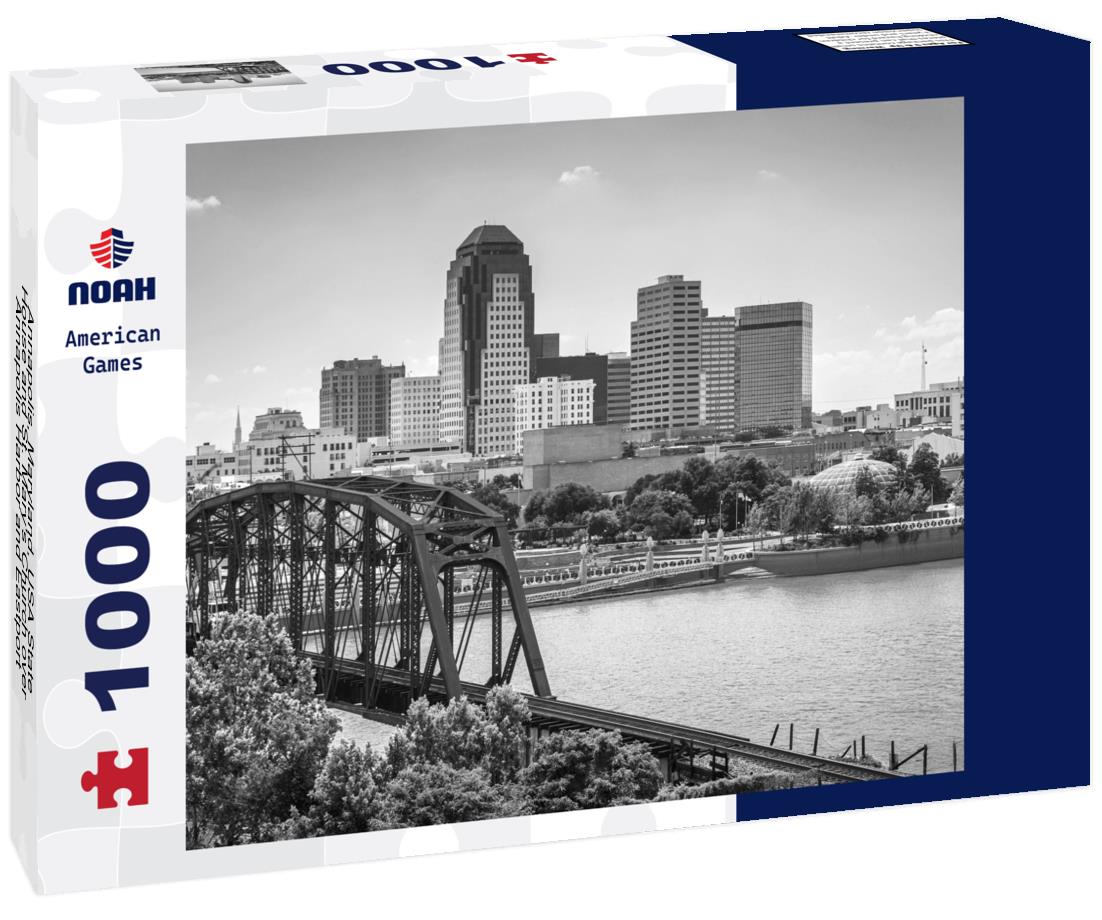 Noah Jigsaw Puzzle Annapolis, Maryland, USA State House and St. Mary's Church over Annapolis Harbor and Eastport Bridge in black white 1000 pieces