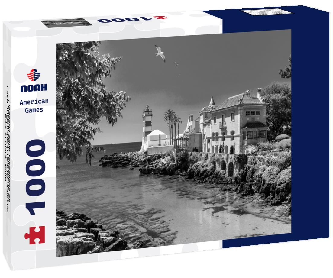 Noah Jigsaw Puzzle Peaceful calm reflections on Lake Josephine in Glacier National Park in black white 1000 pieces