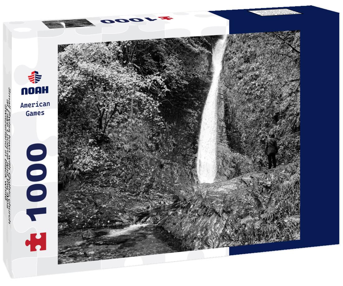 Noah Jigsaw Puzzle Small Swiss town with Gothic church at Lake Lucerne and the Alps, Switzerland in black white 1000 pieces