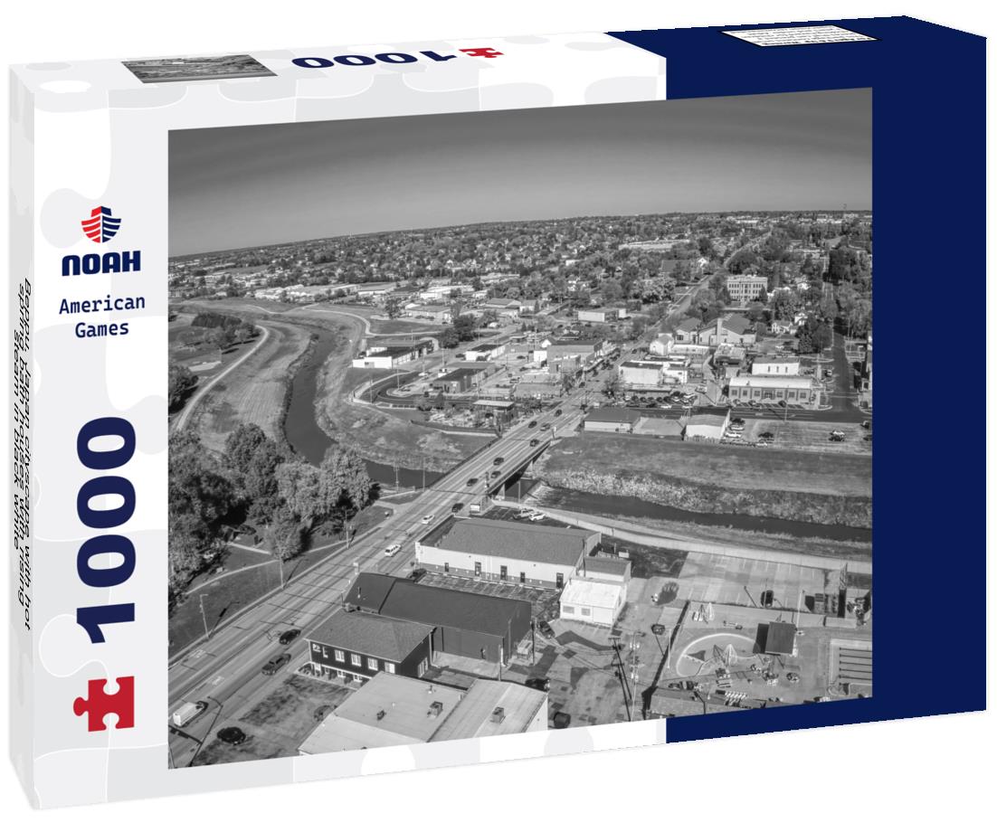 Noah Jigsaw Puzzle Beppu, Japan cityscape with hot spring bath houses with rising steam in black white 1000 pieces