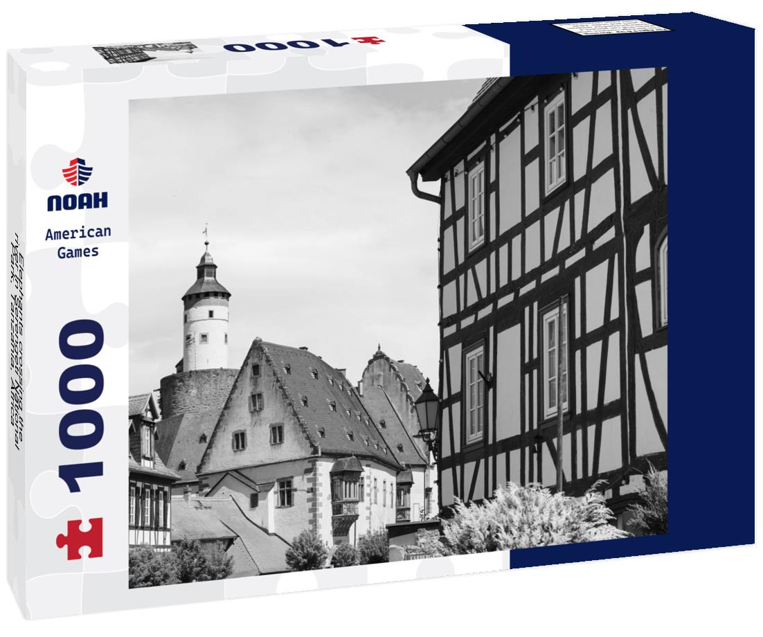 Noah Jigsaw Puzzle Elephants crossing the river in Serengeti National Park, Tanzania, Africa in black white 1000 pieces