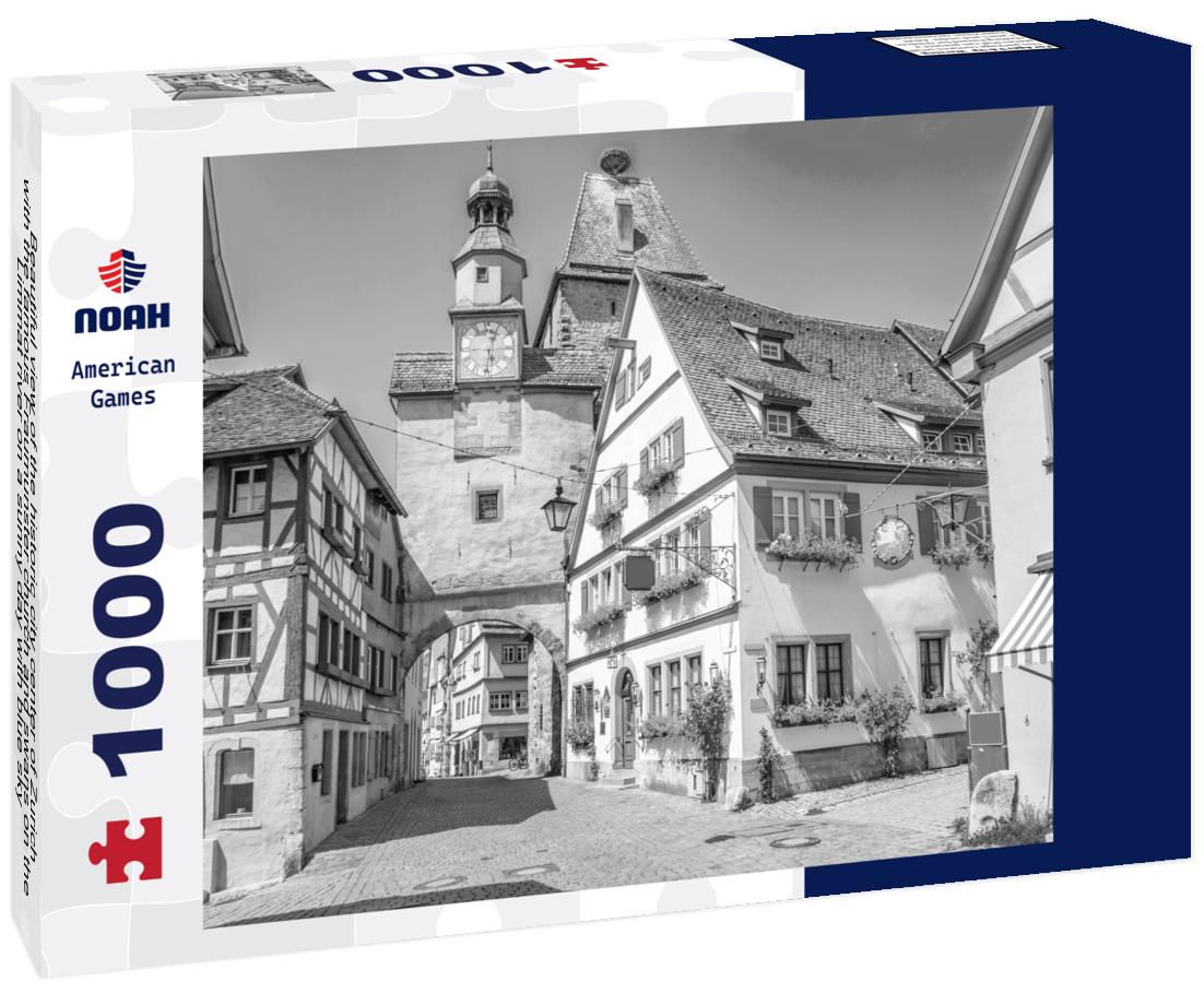Noah Jigsaw Puzzle Beautiful view of the historic city center of Zurich with the famous Fraumunster church and swans on the Limmat river on a sunny day with blue sky, Canton of Zurich, Switzerland in black white 1000 pieces