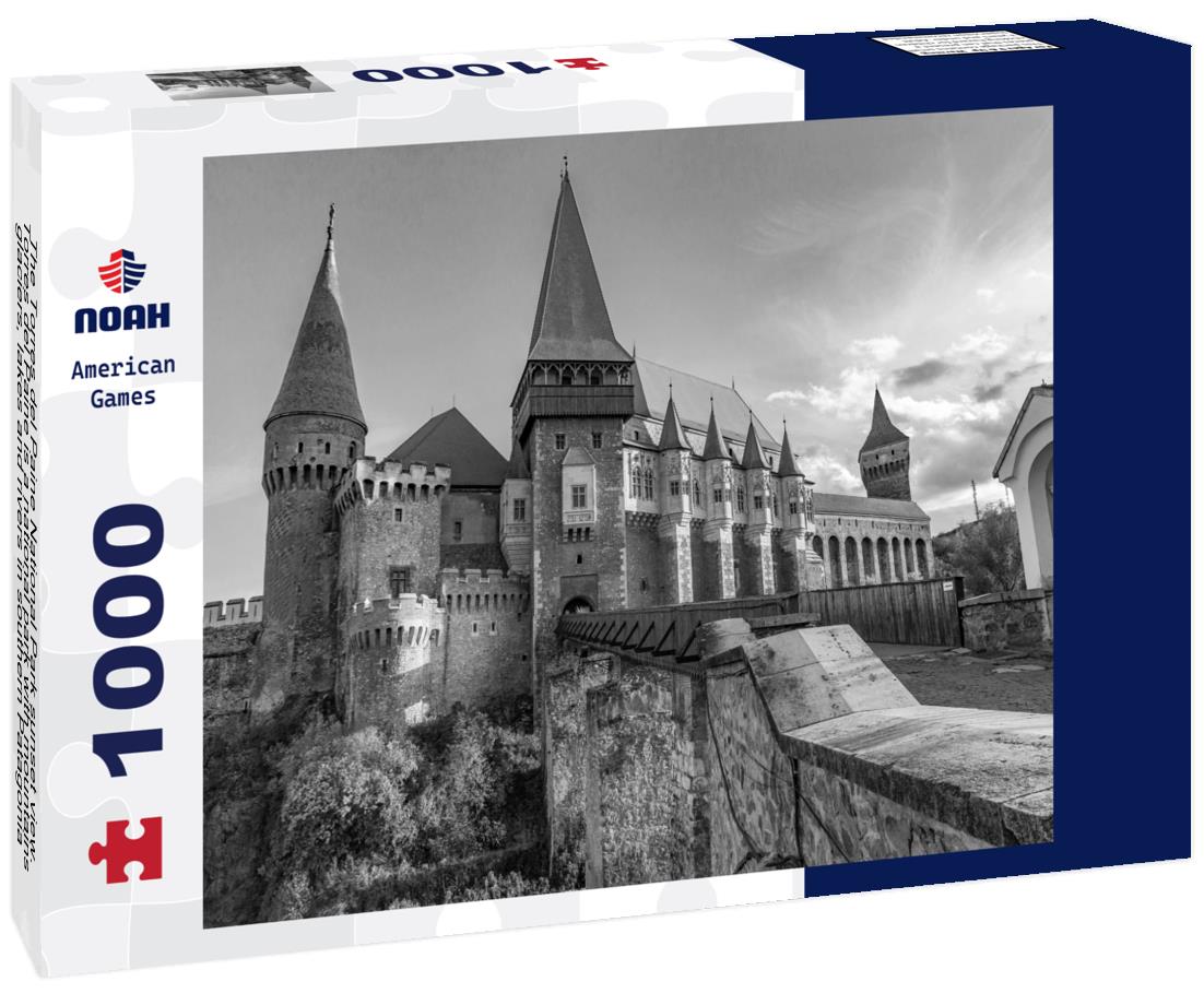 Noah Jigsaw Puzzle The Torres del Paine National Park sunset view. Torres del Paine is a national park with mountains, glaciers, lakes and rivers in southern Patagonia, Chile in black white 1000 pieces