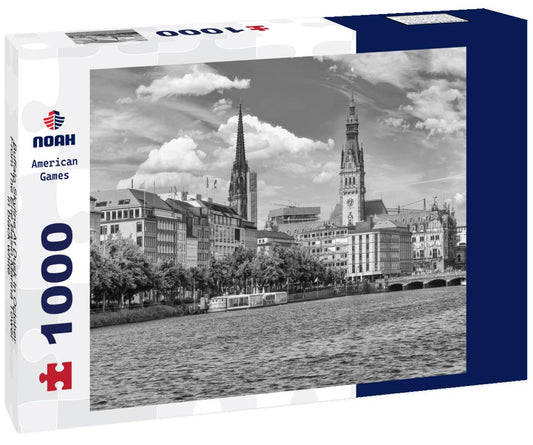 Noah Jigsaw Puzzle Buffalo Skyline At Dusk In October From The Erie Basin Marina Tower in black white 1000 pieces