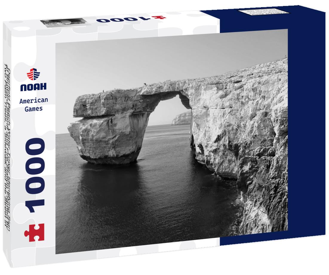 Noah Jigsaw Puzzle Deerfield Beach Water Tower Identifying Sign at Broward Sheriff and Fire Station Framed by Two Palm Trees, a Sidewalk and the Street in a Sunny Day in January in black white 1000 pieces