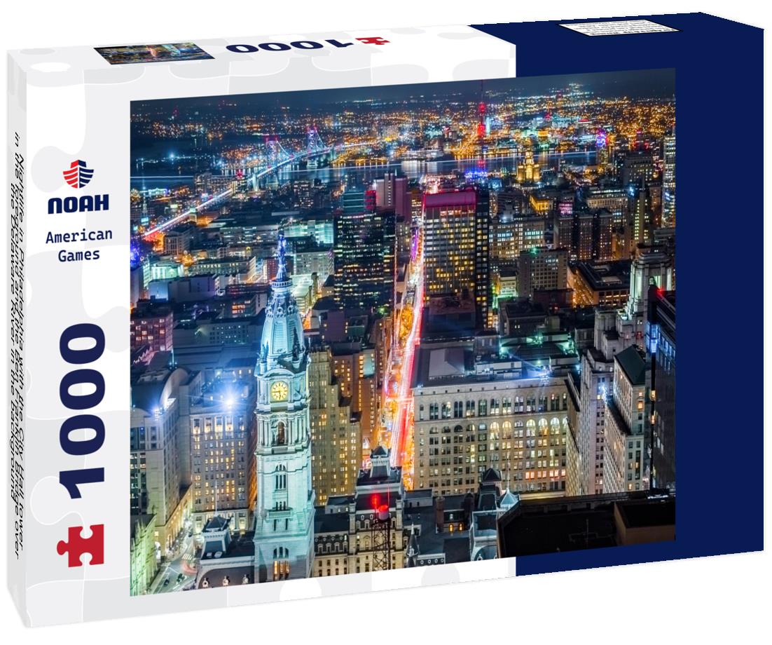 Noah Jigsaw Puzzle Nightlife in Philadelphia with the City Hall tower in the foreground and the Ben Franklin Bridge over the Delaware River in the background 1000 pieces