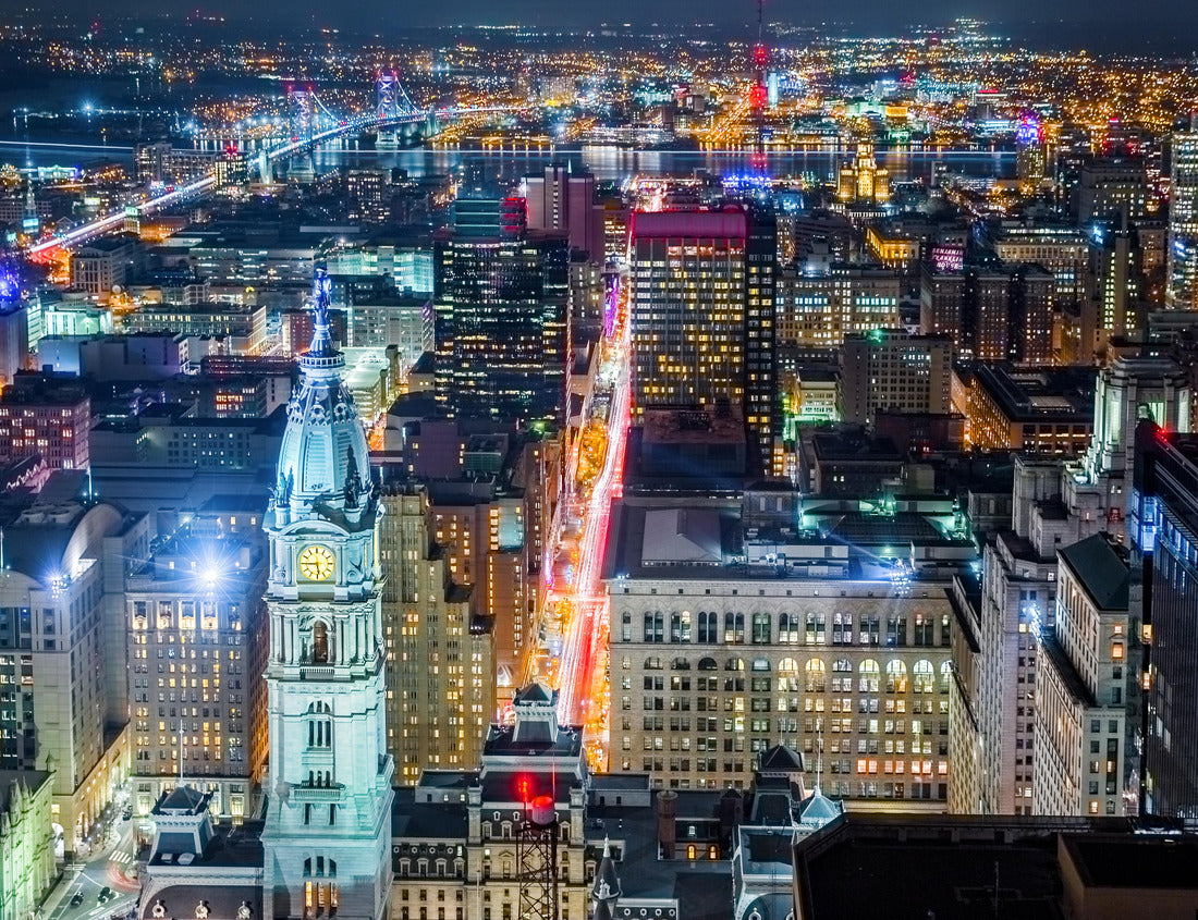 Noah Jigsaw Puzzle Nightlife in Philadelphia with the City Hall tower in the foreground and the Ben Franklin Bridge over the Delaware River in the background 1000 pieces