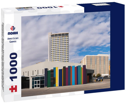 Noah Jigsaw Puzzle Panoramic Modern Midland Texas city skyline and downtown skyscrapers, dramatic cloudscape with American and Texas Flags waving in the wind 1000 pieces