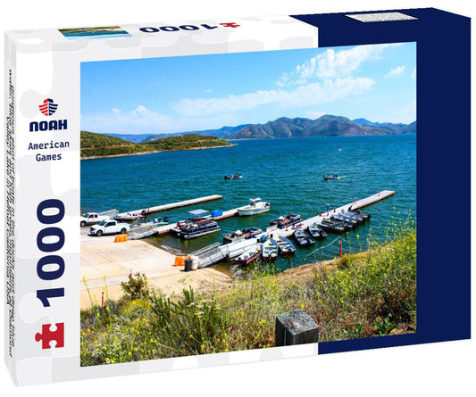 Noah Jigsaw Puzzle gorgeous shot of boats in the docks and deep blue water, blue skies and lush green mountains at Diamond Valley Lake in Hemet California USA 1000 pieces