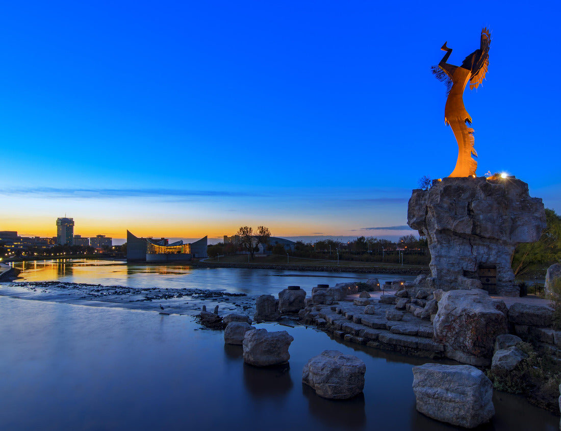 Noah Jigsaw Puzzle Keeper of the Plains Indian in Wichita, Kansas at sunrise. A steel sculpture by Blackbear Bosin that stands at the fork of the Arkansas River 1000 pieces