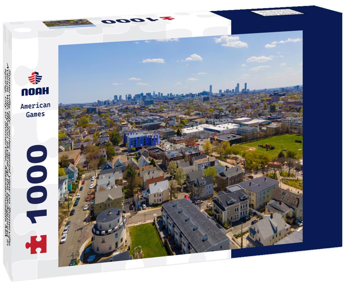 Noah Jigsaw Puzzle Somerville city center aerial view on Somerville Avenue with Boston skyline at the background in spring, city of Somerville, Massachusetts MA 1000 pieces