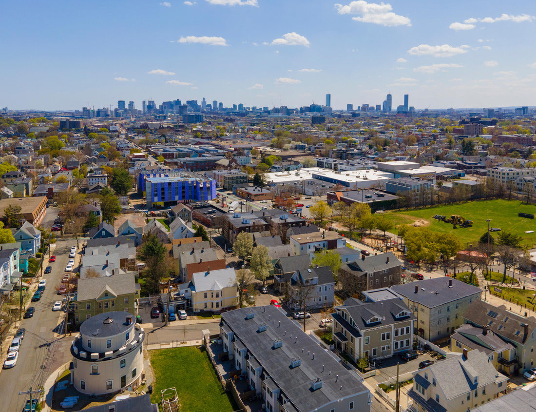Noah Jigsaw Puzzle Somerville city center aerial view on Somerville Avenue with Boston skyline at the background in spring, city of Somerville, Massachusetts MA 1000 pieces