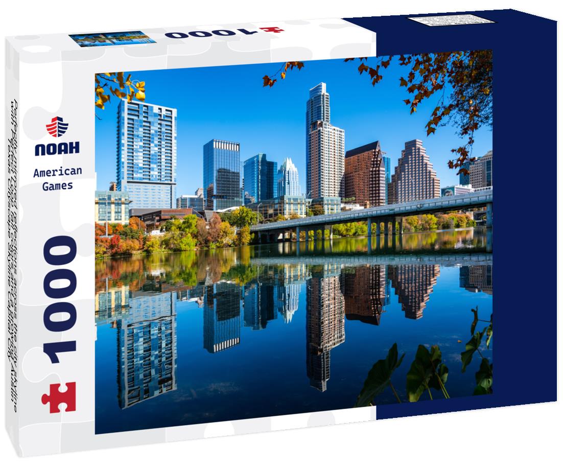 Noah Jigsaw Puzzle Perfectly mirrored reflections across the city skyline with Perfect Loop fall colors and a growing Austin Texas Cityscape Skyline Capital City 1000 pieces