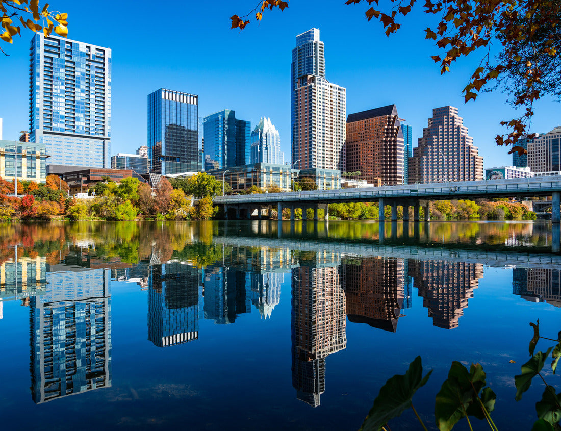 Noah Jigsaw Puzzle Perfectly mirrored reflections across the city skyline with Perfect Loop fall colors and a growing Austin Texas Cityscape Skyline Capital City 1000 pieces