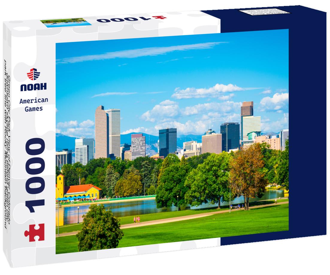 Noah Jigsaw Puzzle Green City Park View of Denver Colorado downtown skyline rising behind green city park tree line with Rocky Mountain background wide panoramic view 1000 pieces