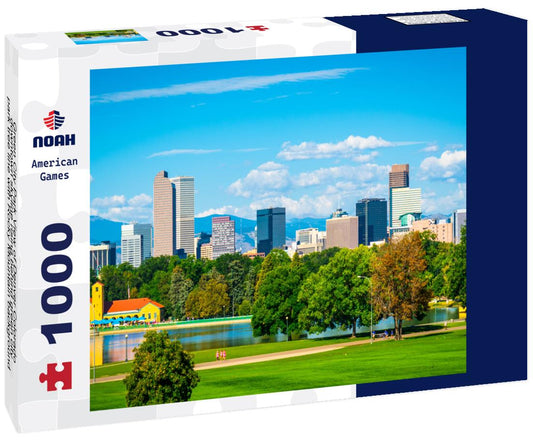 Noah Jigsaw Puzzle Green City Park View of Denver Colorado downtown skyline rising behind green city park tree line with Rocky Mountain background wide panoramic view 1000 pieces