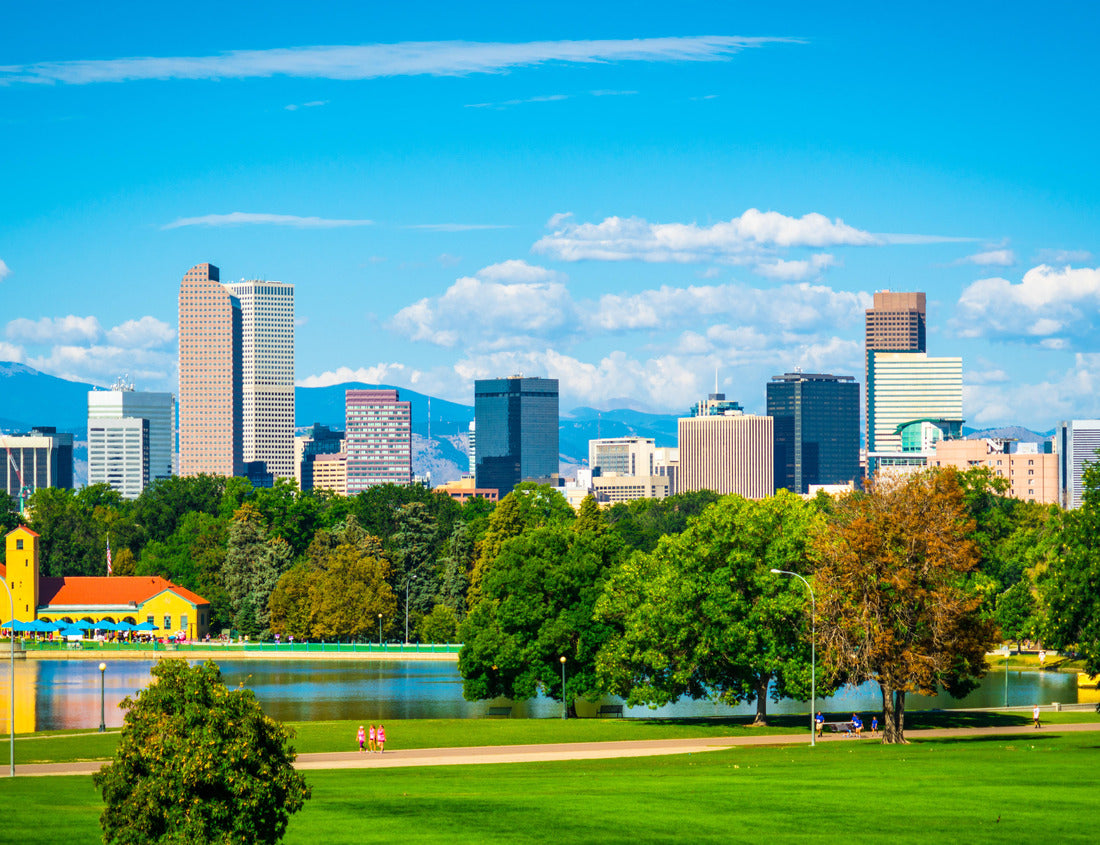 Noah Jigsaw Puzzle Green City Park View of Denver Colorado downtown skyline rising behind green city park tree line with Rocky Mountain background wide panoramic view 1000 pieces