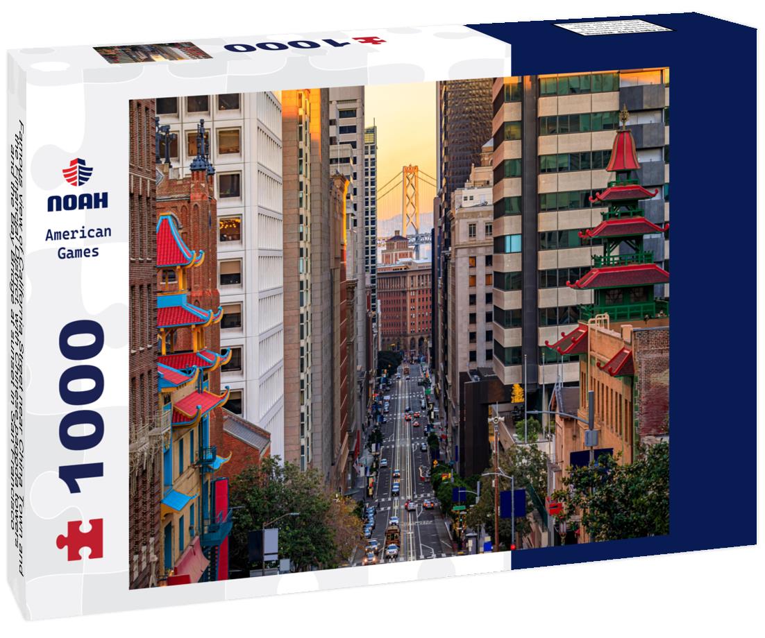 Noah Jigsaw Puzzle Famous view of California Street near China Town and the Financial District, with Chinese pagoda towers and the Bay Bridge at sunset in San Francisco 1000 pieces